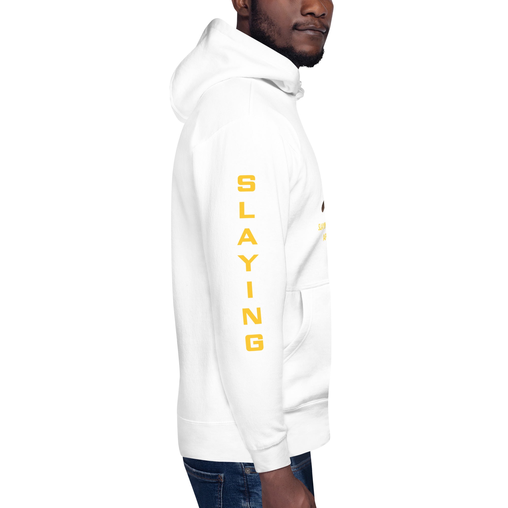 Unisex Hoodie Slaying Saying Logo on Sleeves